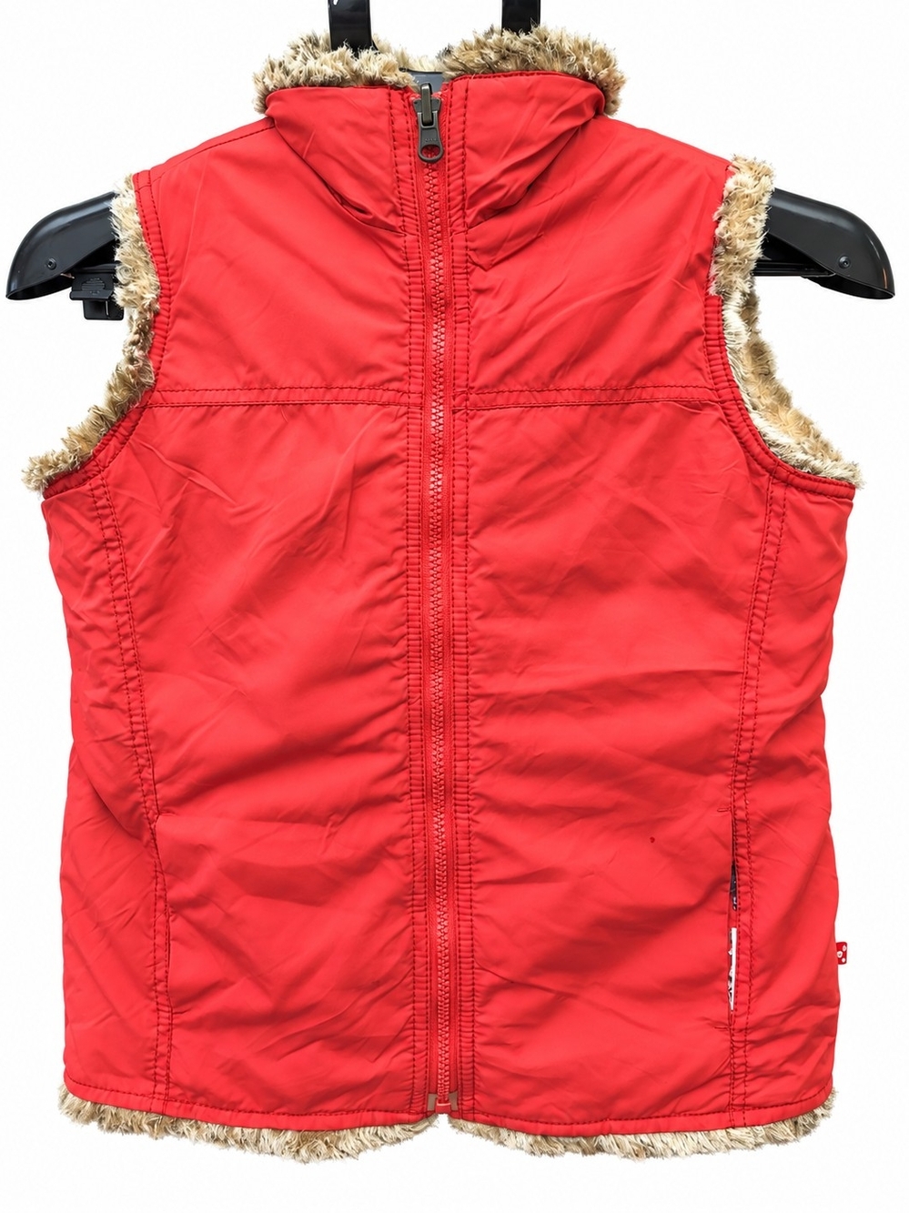 GAP Red Hooded Faux-Fur Trim Vest
